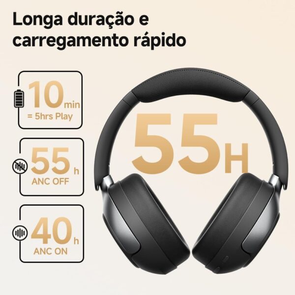 QCY H3 PRO ANC Fone de Ouvido Bluetooth, Headphone ANC Adaptáveis, Cancelamento Ativo de Ruído de 50 dB, Áudio sem fio de Alta Resolução LDAC, 55 Horas de Reprodução, Preto (H3PRO-BLACK) - Imagem 5