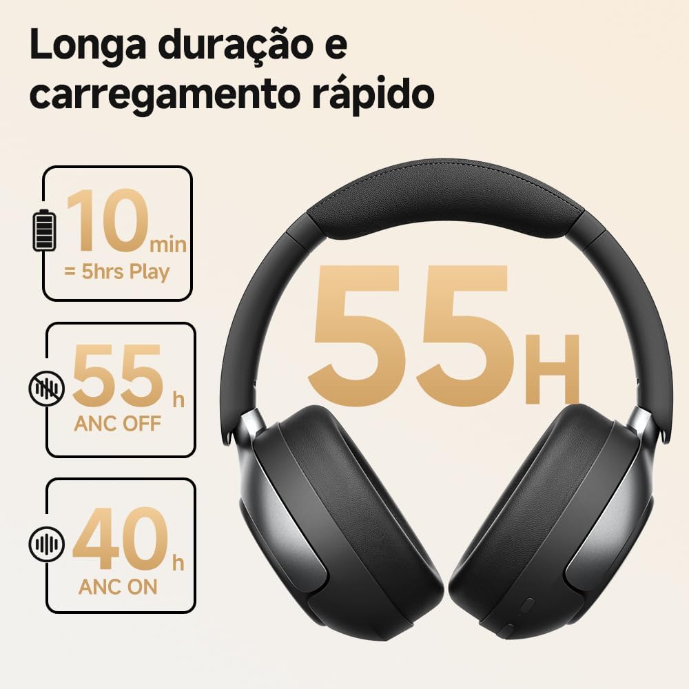 QCY H3 PRO ANC Fone de Ouvido Bluetooth, Headphone ANC Adaptáveis, Cancelamento Ativo de Ruído de 50 dB, Áudio sem fio de Alta Resolução LDAC, 55 Horas de Reprodução, Preto (H3PRO-BLACK) - Imagem 5