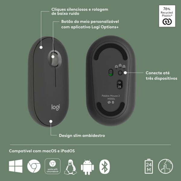 Mouse sem fio Logitech Pebble 2 M350s com Clique Silencioso, Design Slim Ambidestro, Conexão Bluetooth e Pilha Inclusa - Grafite - Imagem 2
