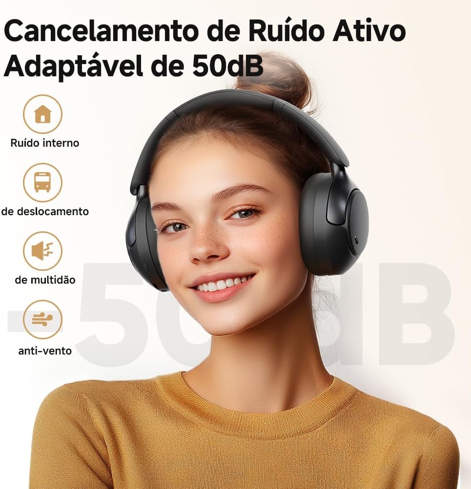 QCY H3 PRO ANC Fone de Ouvido Bluetooth, Headphone ANC Adaptáveis, Cancelamento Ativo de Ruído de 50 dB, Áudio sem fio de Alta Resolução LDAC, 55 Horas de Reprodução, Preto (H3PRO-BLACK) - Imagem 4