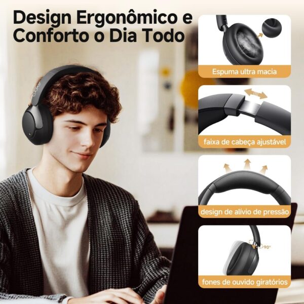 QCY H3 PRO ANC Fone de Ouvido Bluetooth, Headphone ANC Adaptáveis, Cancelamento Ativo de Ruído de 50 dB, Áudio sem fio de Alta Resolução LDAC, 55 Horas de Reprodução, Preto (H3PRO-BLACK) - Imagem 3