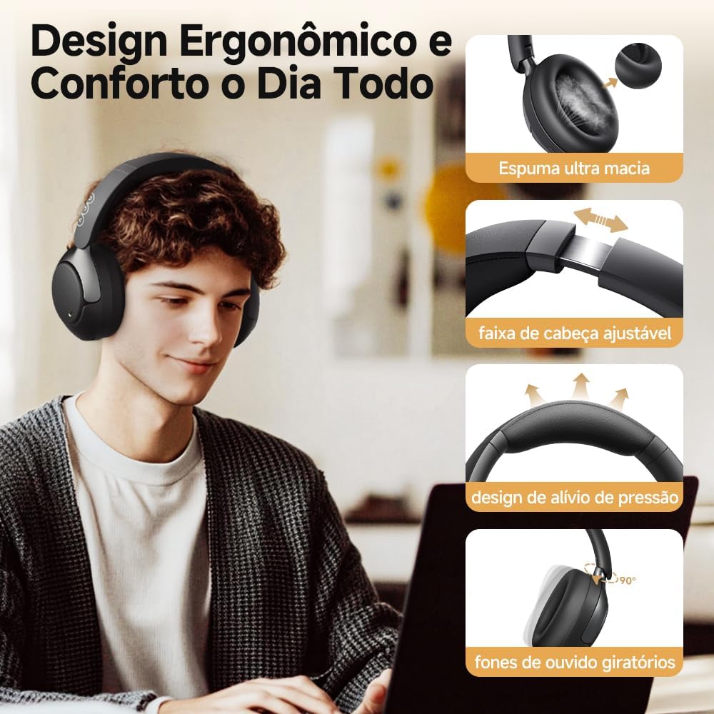 QCY H3 PRO ANC Fone de Ouvido Bluetooth, Headphone ANC Adaptáveis, Cancelamento Ativo de Ruído de 50 dB, Áudio sem fio de Alta Resolução LDAC, 55 Horas de Reprodução, Preto (H3PRO-BLACK) - Imagem 3